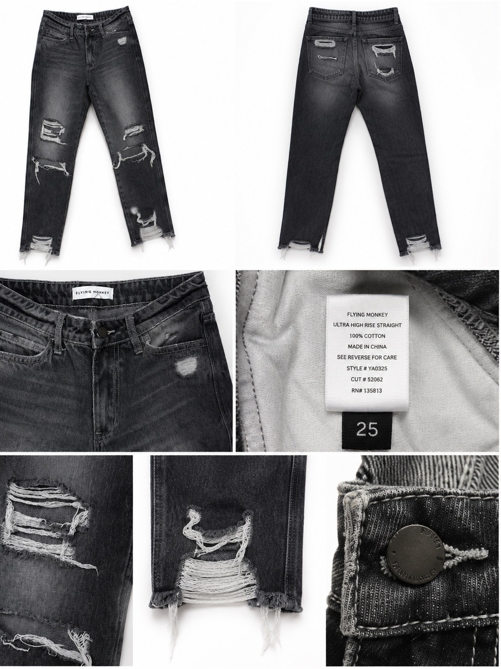 Flying Monkey Men's Black Distressed High-Rise Straight Jeans - Black size 0/25